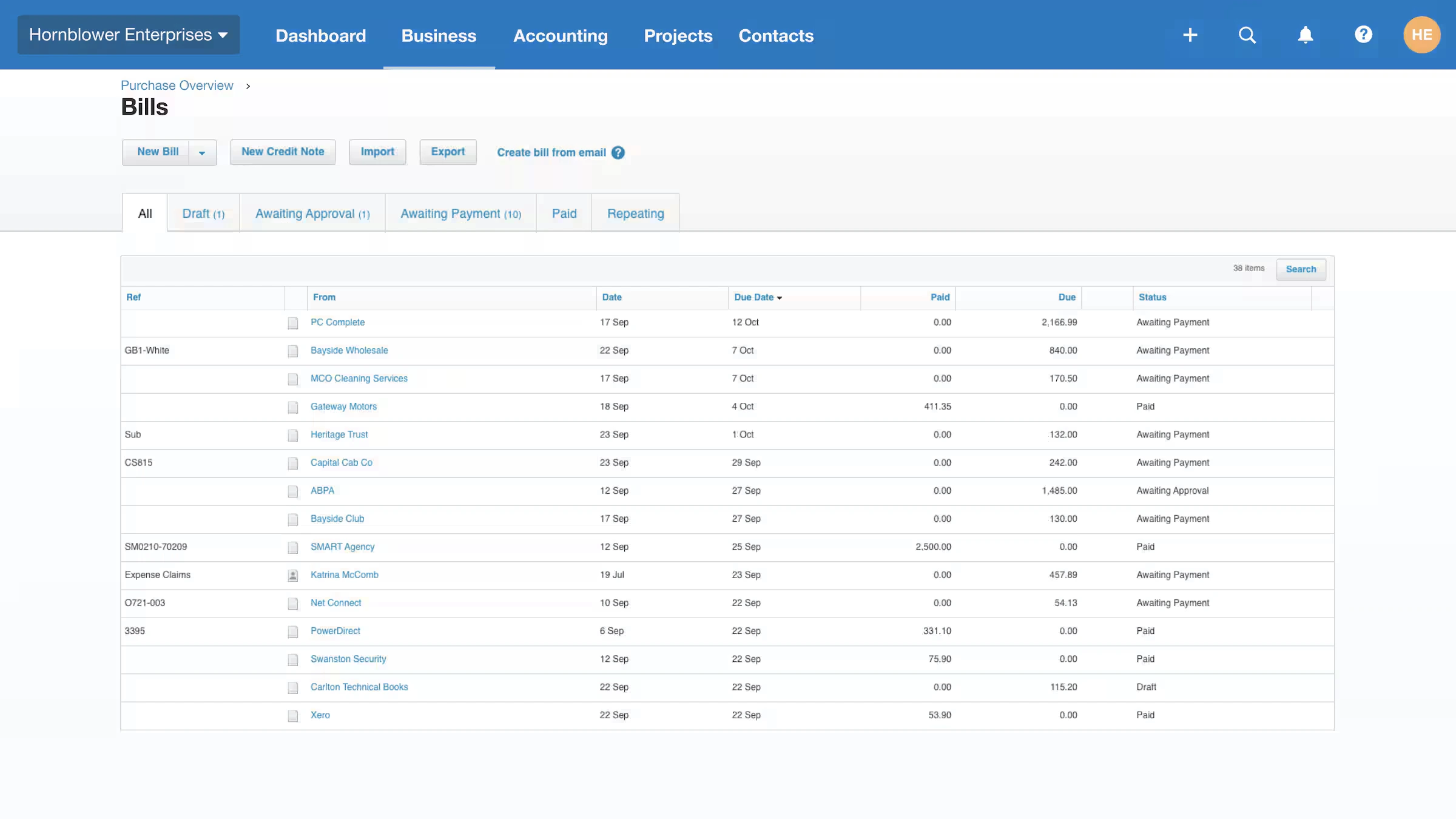 Xero's bills management tab