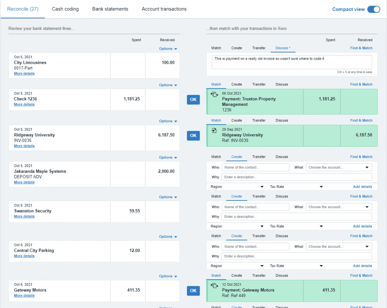 Xero's bank reconciliation table