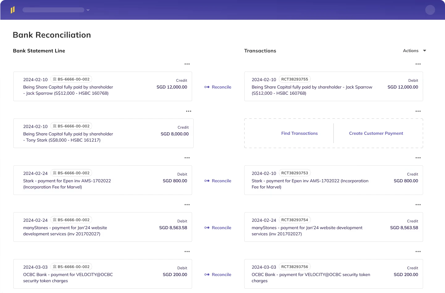 Eleven's bank reconciliation feature