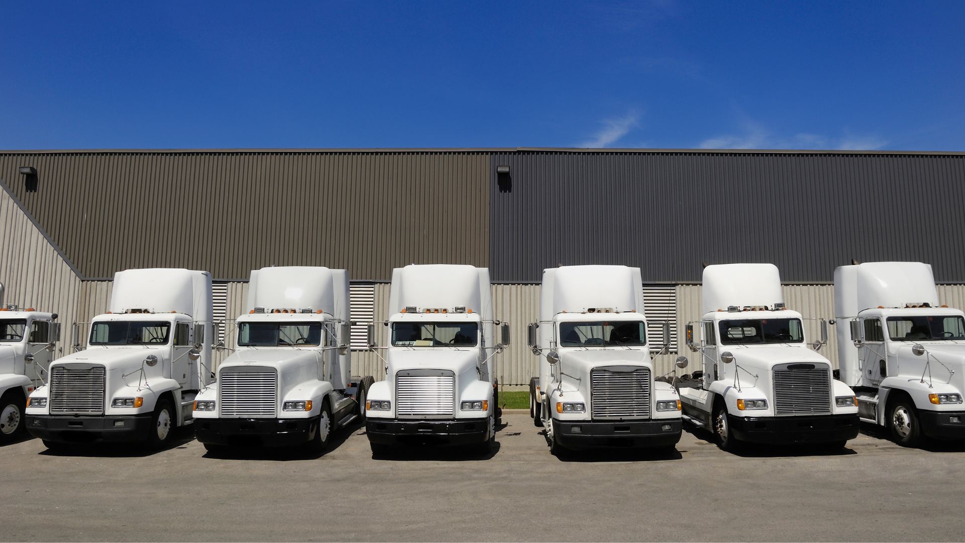 Line of White Semi Trucks in Front of a Building