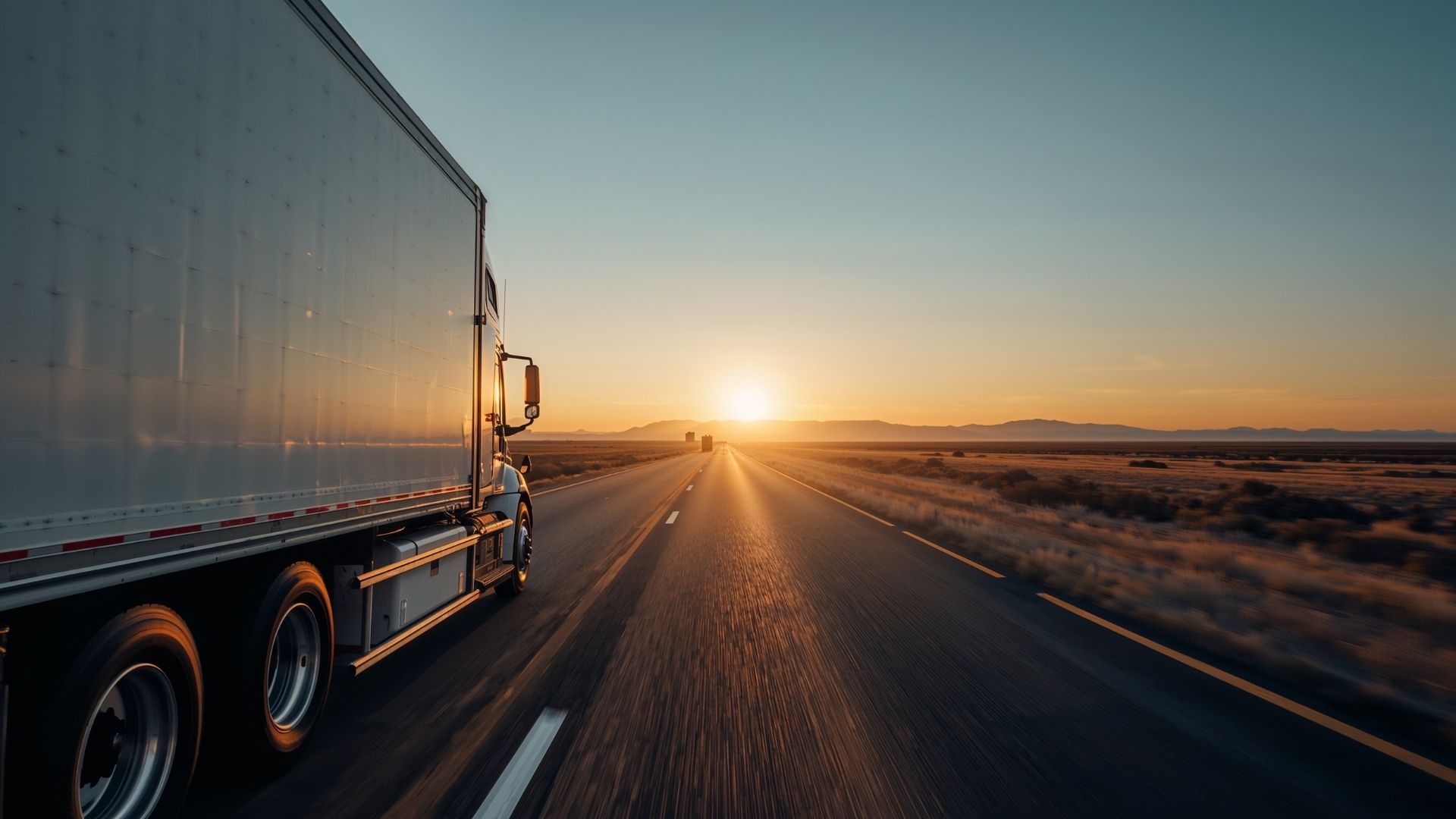 Semi Truck Driving on Desert Highway at Sunset