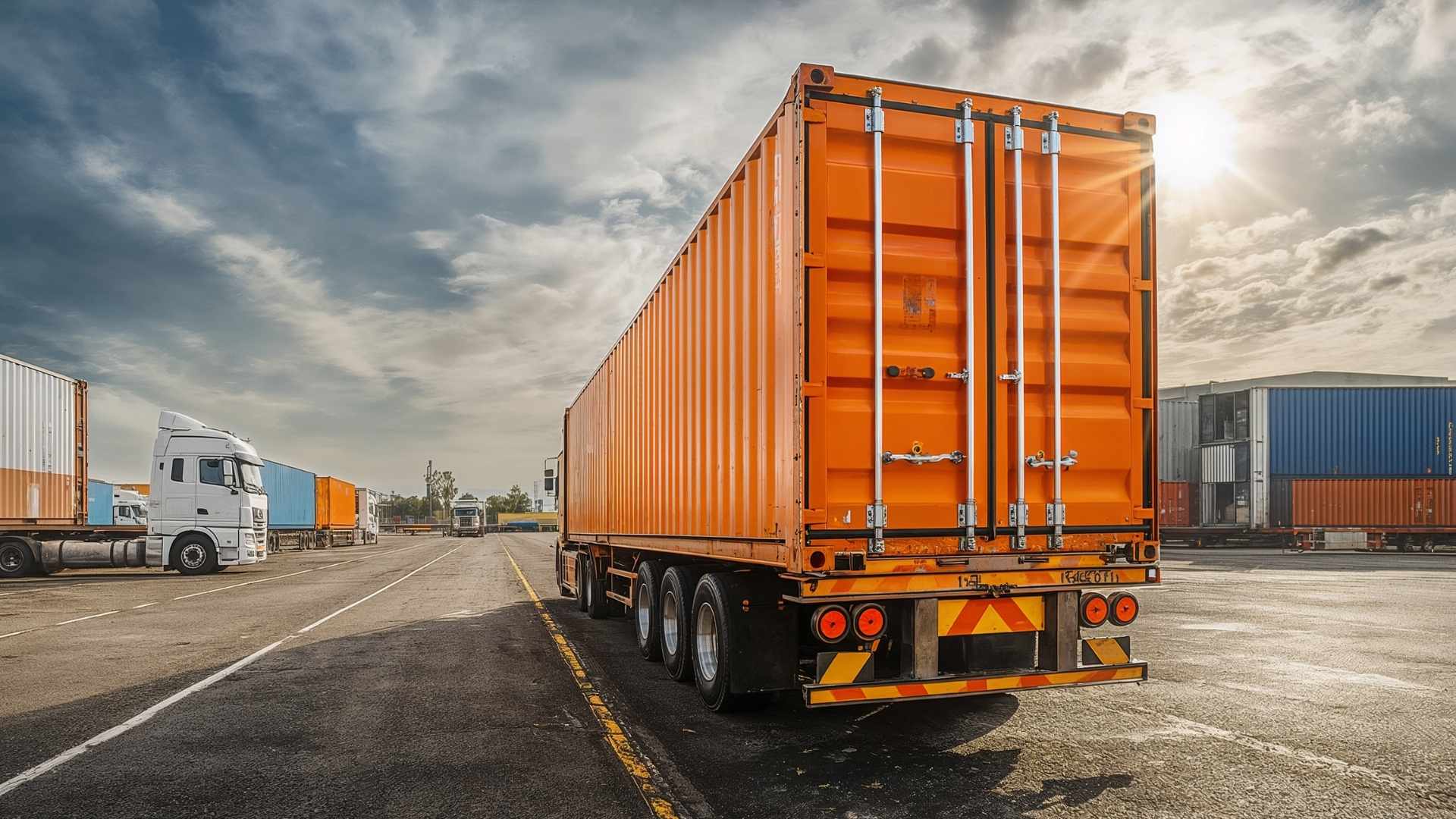 Rear Exterior of Orange Semi Trailer in a Lot