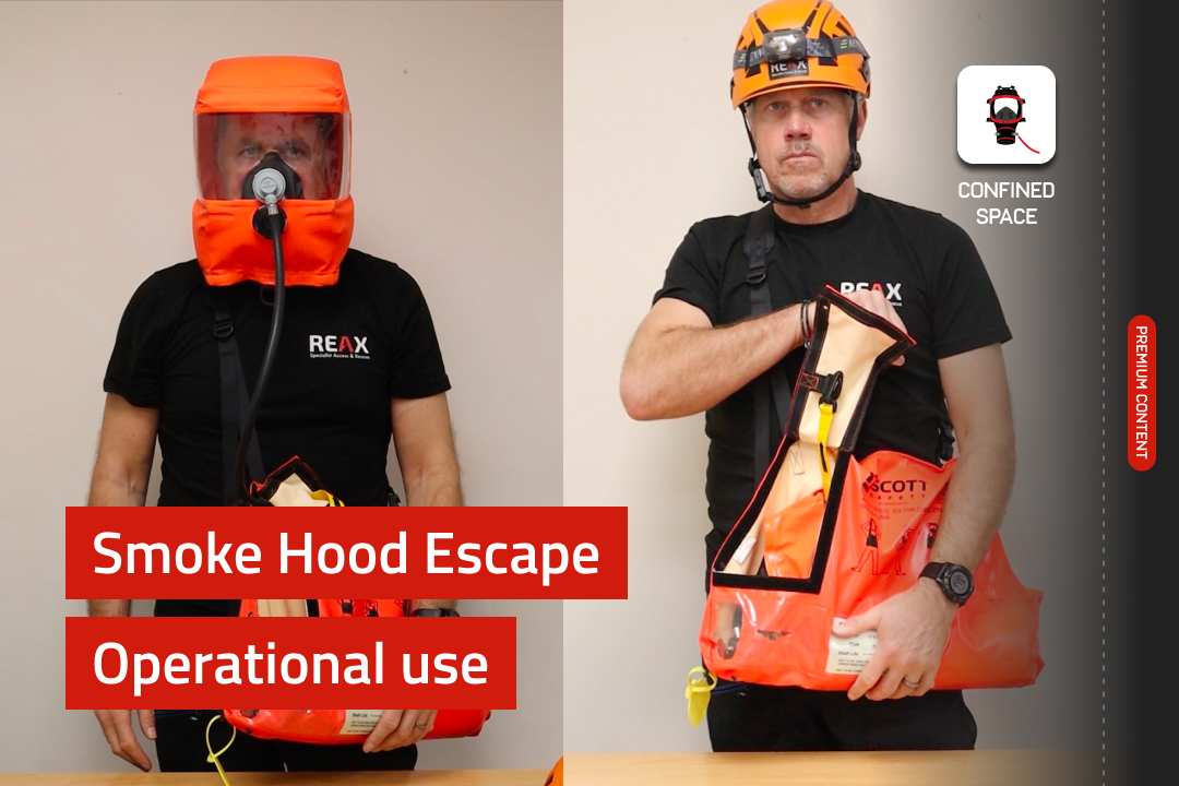 Split-screen graphic showing a man wearing and deploying an orange smoke hood escape set, with red text overlays.