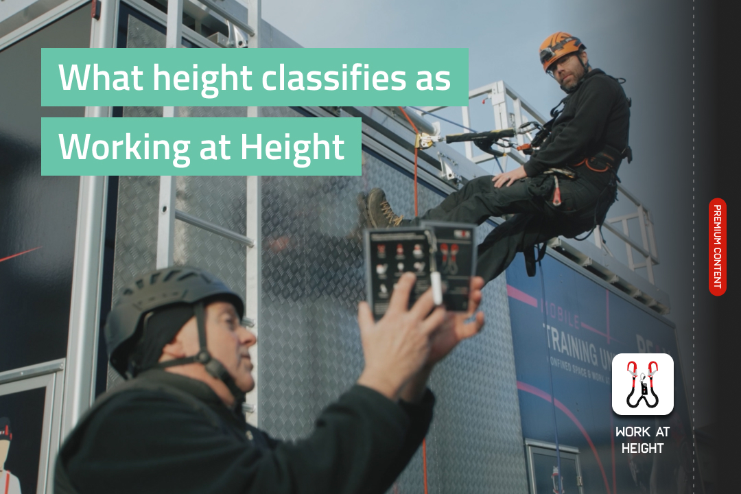 Instructor and suspended trainee with text: 'What height classifies as Working at Height' and a harness icon."