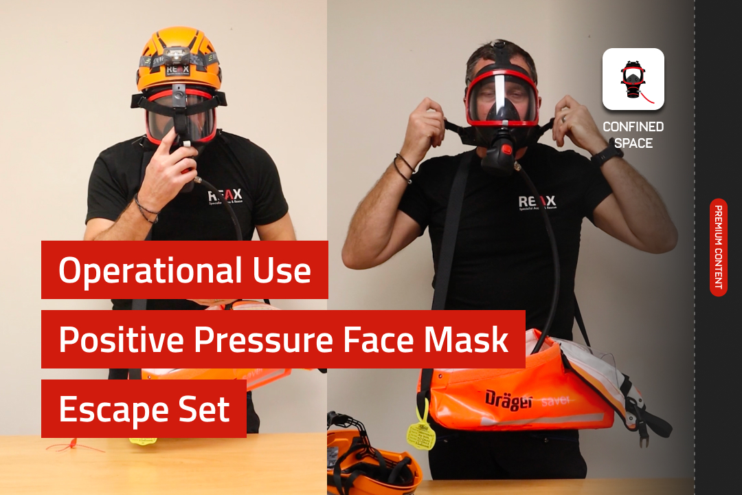 Split-screen of a man donning and testing a full-face mask from an orange escape set. Text: 'Operational Use Positive Pressure Face Mask Escape Set'.