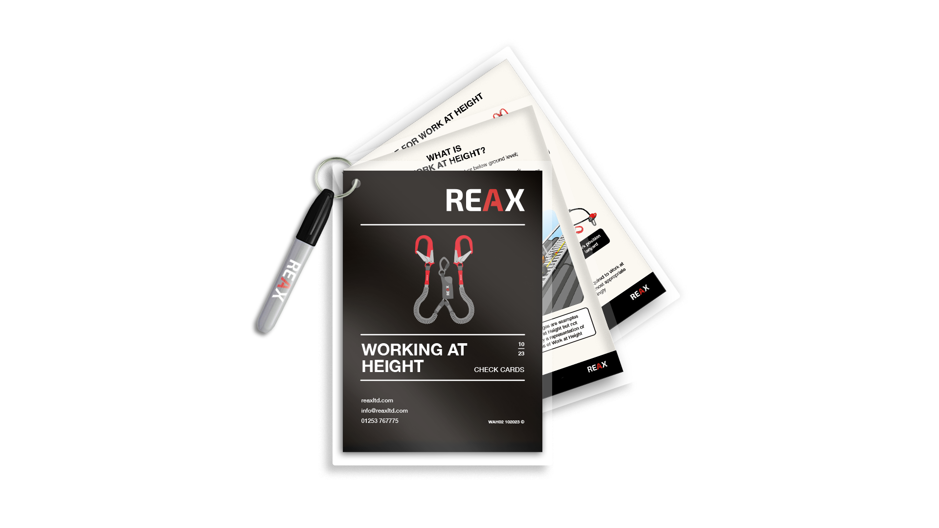 A set of printed REAX Working at Height Check Cards attached to a metal ring alongside a REAX branded pen.
