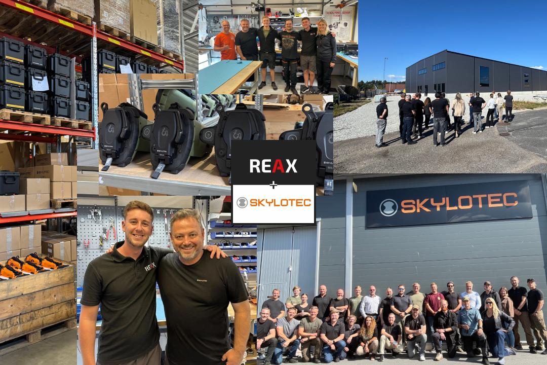 A photo collage showing REAX and SKYLOTEC team members, warehouse equipment, and power ascenders, centered around a 'REAX + SKYLOTEC' logo.