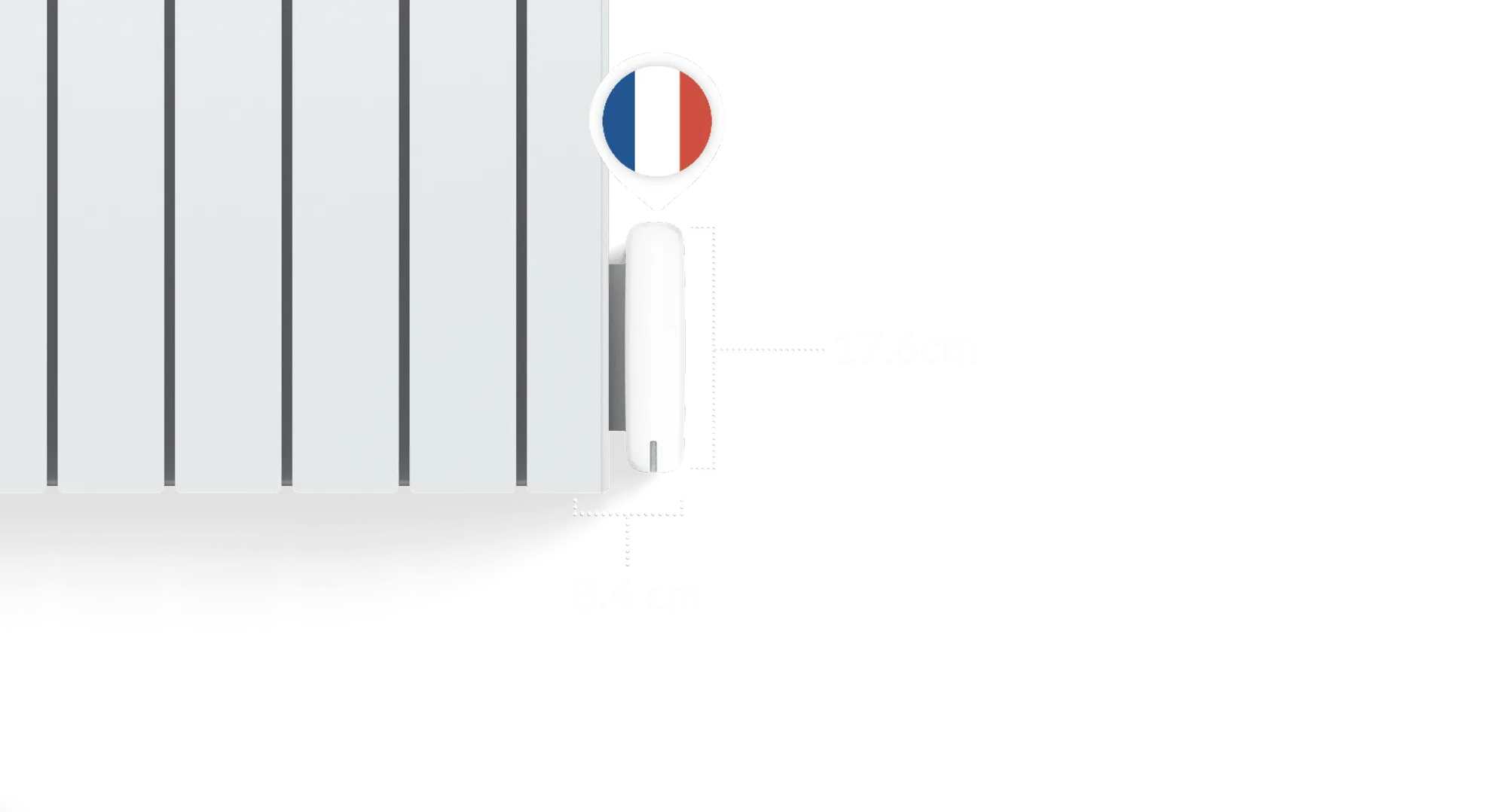 Radiateur électrique avec un thermostat connecté discret mesurant 17,6 cm de hauteur et 8,4 cm de largeur, accompagné d'un texte détaillant les avantages du produit : fabrication en France, compatibilité avec tous types de radiateurs électriques, installation professionnelle rapide, et stockage sécurisé des données en Suisse.