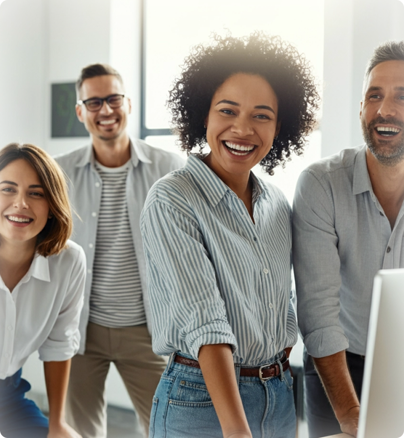 A group of people standing around a laptop computer.
