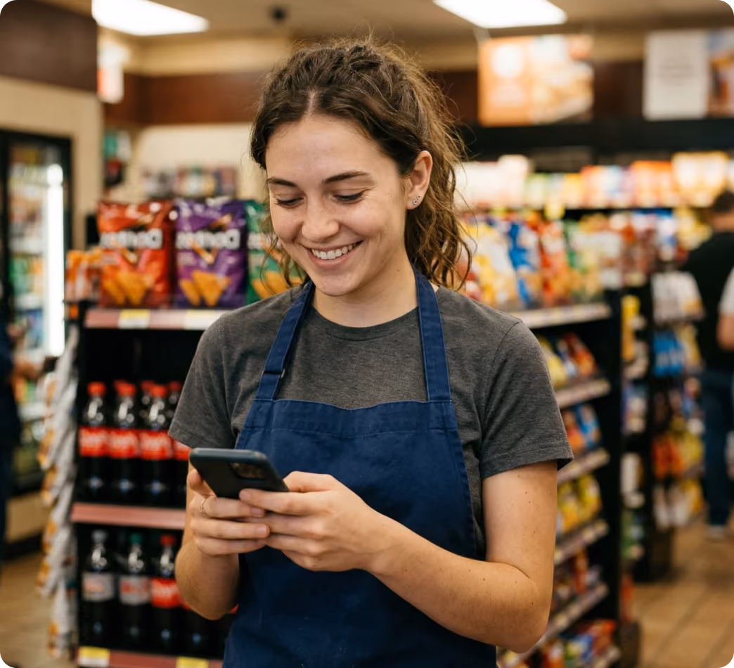 Smiling young female store employee wearing a blue apron and dark gray shirt, looking at a smartphone inside a convenience store with shelves of snacks and drinks in the background.