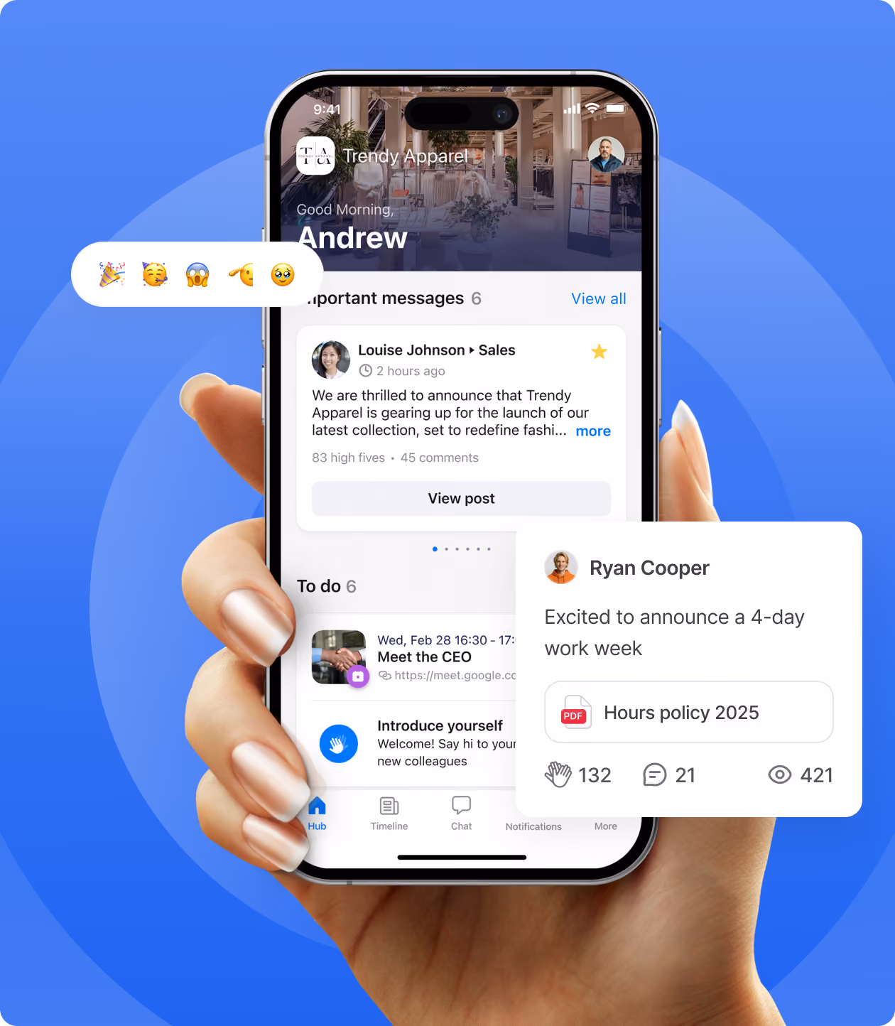 Hand holding a phone showing the Oneteam app home screen with company news, reactions and a to-do list