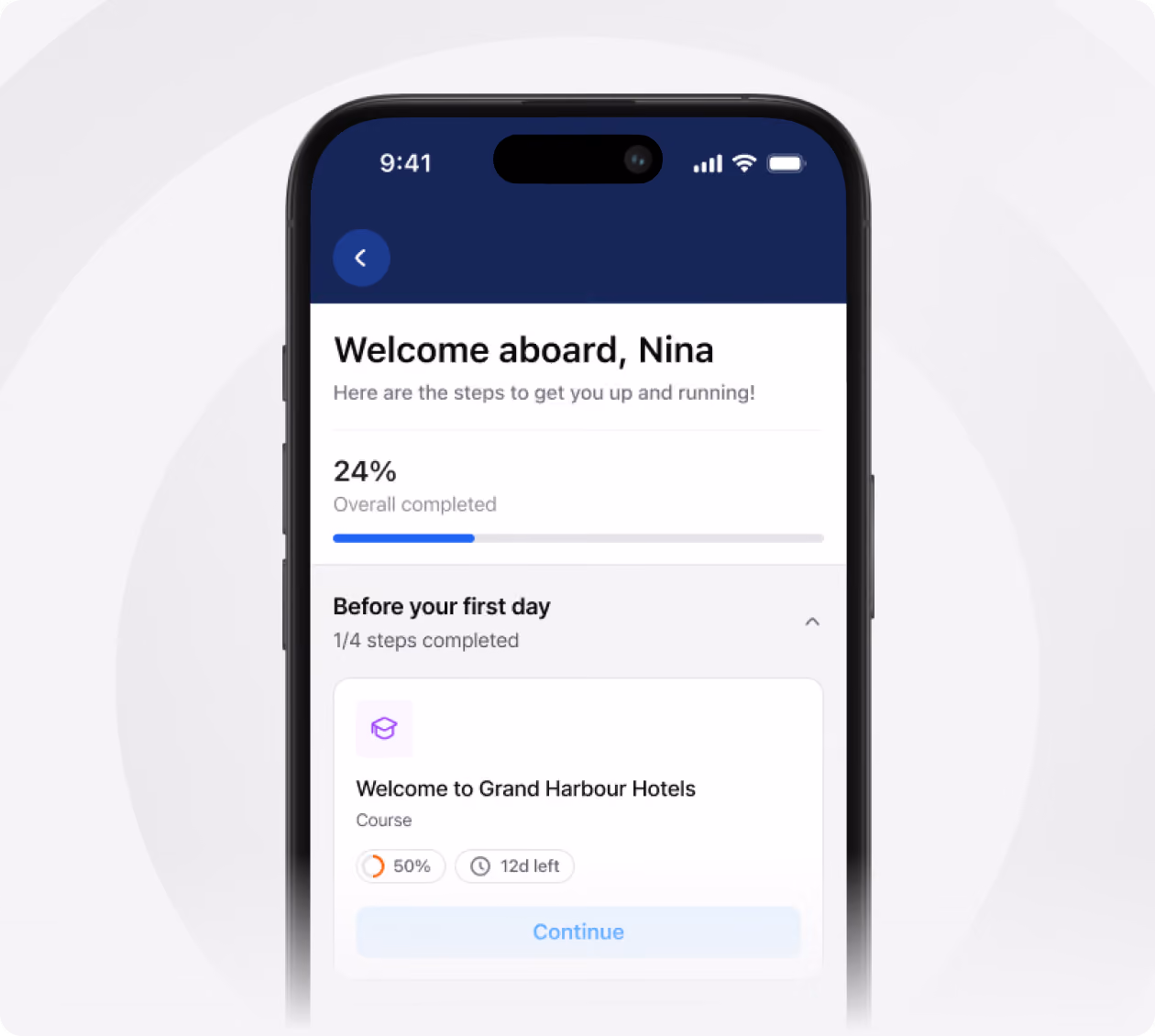 Smartphone screen showing a welcome onboarding app interface addressed to Nina, displaying 24% overall progress with a progress bar, and one of four steps titled 'Welcome to Grand Harbour Hotels' course at 50% completion with 12 days left and a Continue button.