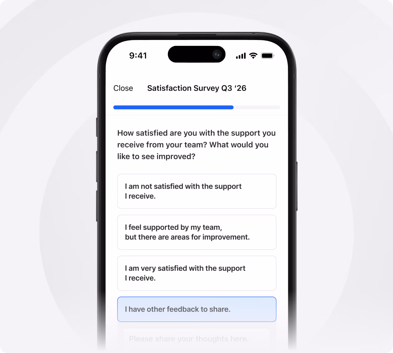 Smartphone screen showing a satisfaction survey for Q3 2026 with a progress bar and a question about satisfaction with team support, offering four response options ranging from not satisfied to very satisfied and an option to share other feedback.