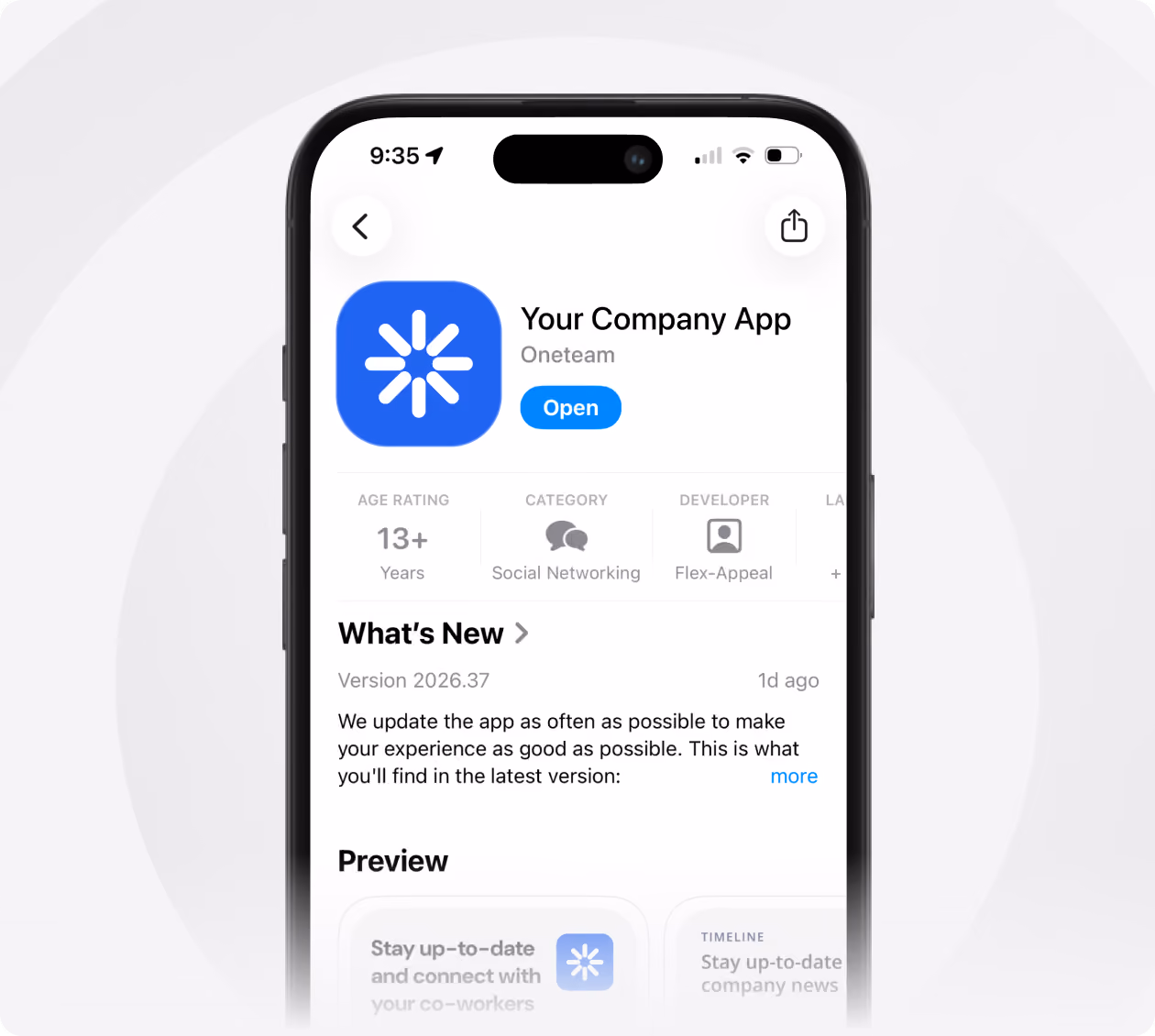 A smartphone screen showing an app page for 'Your Company App' by Oneteam with a blue icon, an 'Open' button, age rating 13+, category Social Networking, developer Flex-Appeal, and a 'What's New' section describing app update details and a preview.