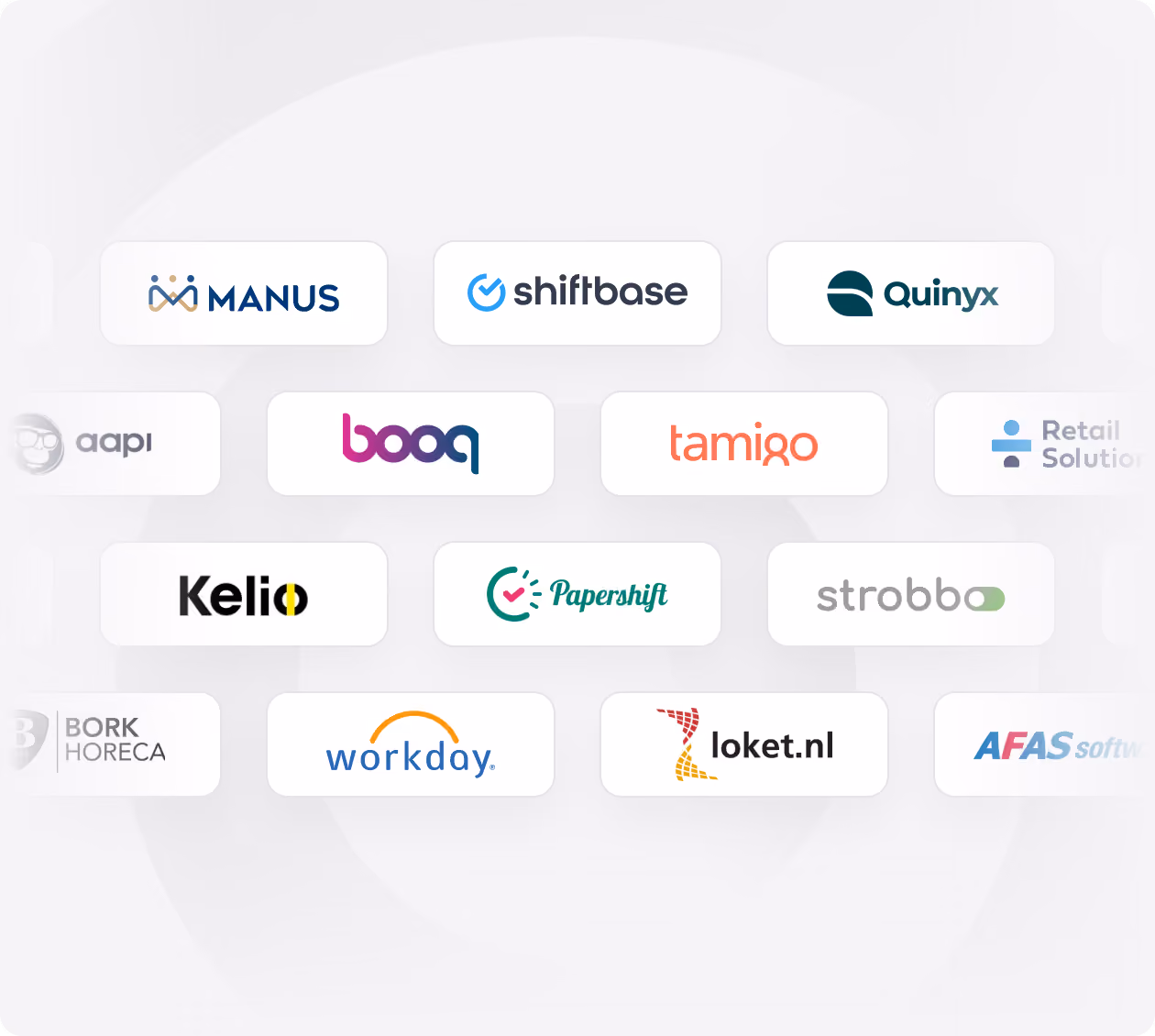Grid of company logos including Manus, Shiftbase, Quinyx, Aapi, Booq, Tamigo, Retail Solution, Kelio, Papershift, Strobbo, Bork Horeca, Workday, Loket.nl, and AFAS software on a light circular background.