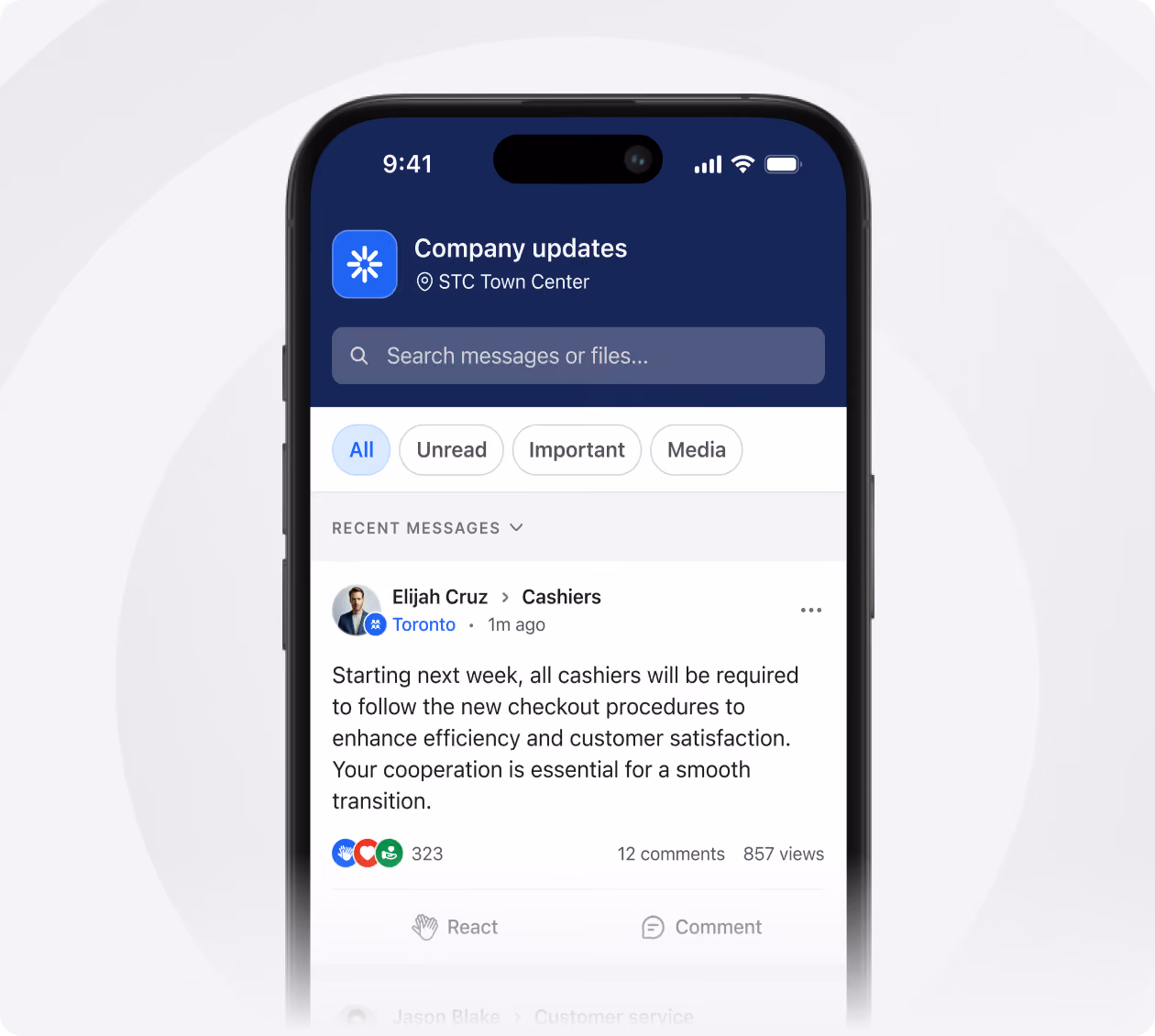 Smartphone screen showing a company updates app with a message from Elijah Cruz to cashiers in Toronto requiring new checkout procedures starting next week for efficiency and customer satisfaction, with 323 reactions, 12 comments, and 857 views.