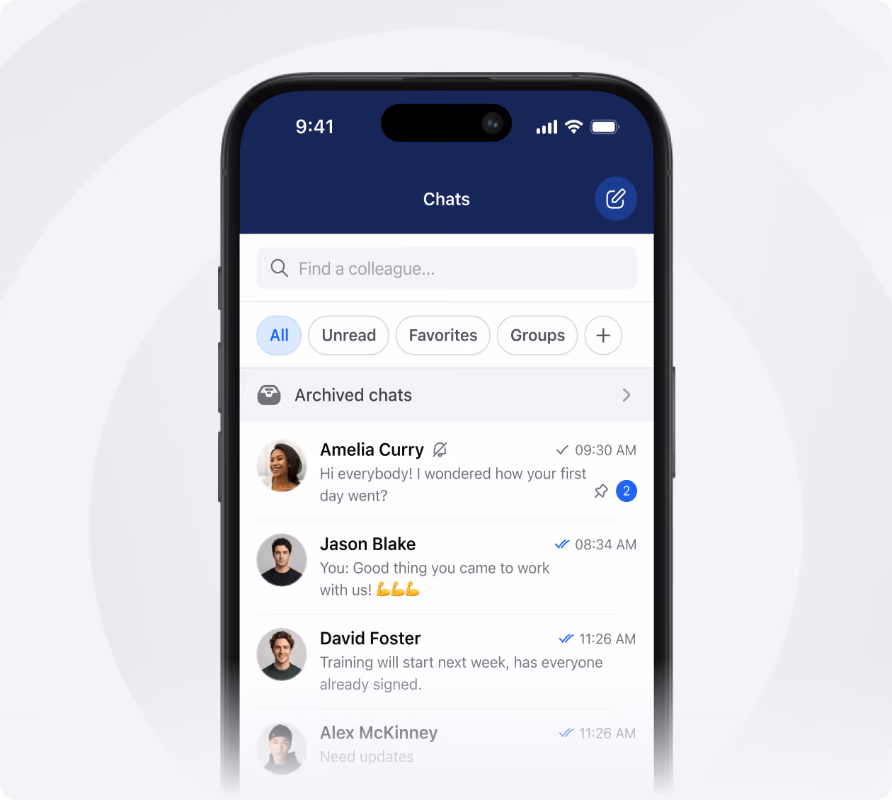 Smartphone screen showing a chat app interface with tabs for All, Unread, Favorites, and Groups. Four chat conversations are visible: Amelia Curry with a message asking how the first day went and two new messages, Jason Blake replying with encouragement and muscle emojis, David Foster announcing training starting next week, and a faded conversation from Alex McKinney needing updates. The app header has a search bar and button to compose a new message.