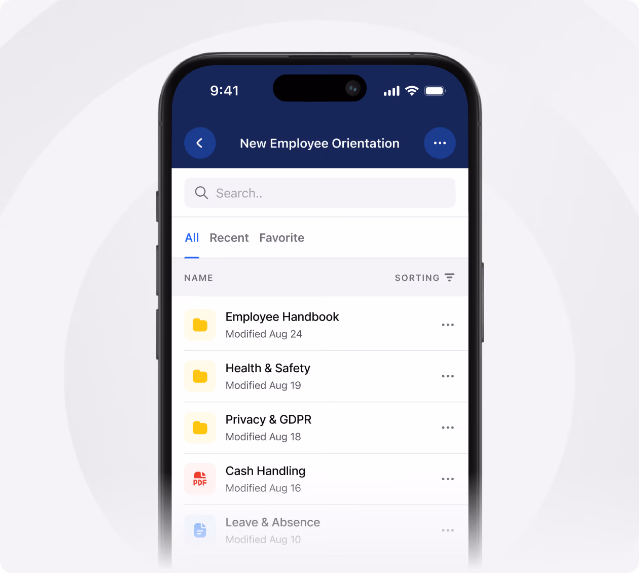 Smartphone screen displaying a New Employee Orientation file list with folders labeled Employee Handbook, Health & Safety, Privacy & GDPR, a PDF titled Cash Handling, and a grayed-out file Leave & Absence, each showing last modified dates in August.