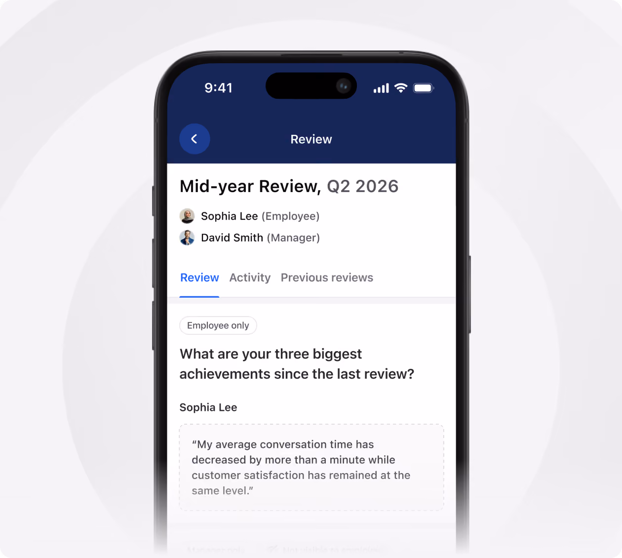 Smartphone screen showing a mid-year review app interface for Q2 2026, featuring employee Sophia Lee and manager David Smith. The Review tab is active, displaying a question about the three biggest achievements since the last review. Sophia Lee's answer mentions that average conversation time decreased by more than a minute while customer satisfaction remained at the same level.