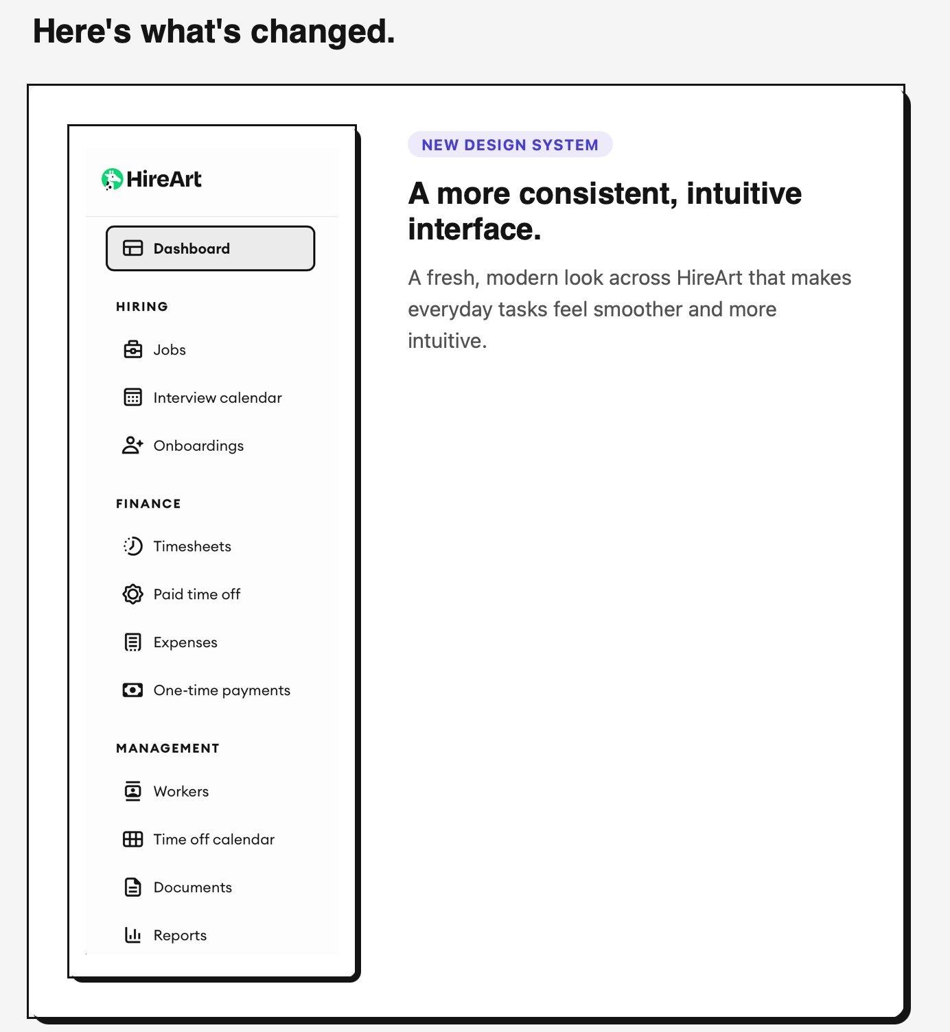 HireArt new design system showing sidebar navigation and onboarding table