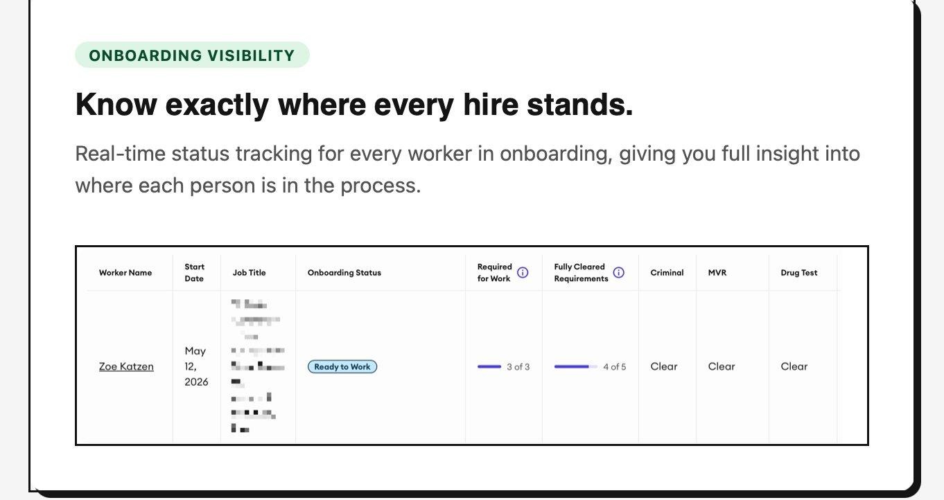 HireArt onboarding visibility table showing worker status and clearance progress