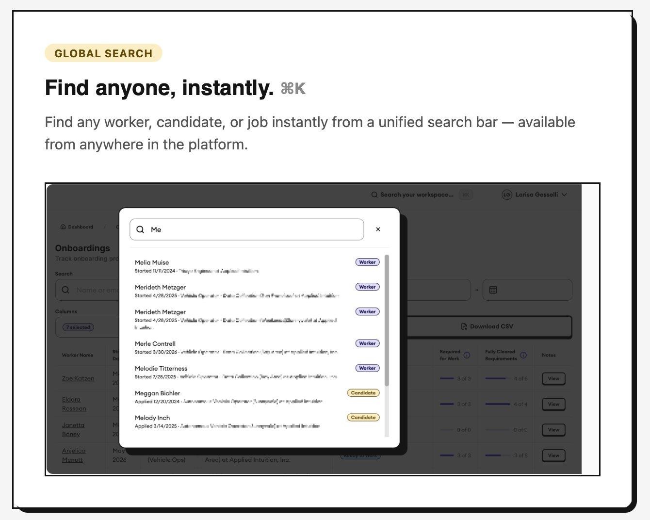HireArt global search modal showing instant search results for workers and candidates