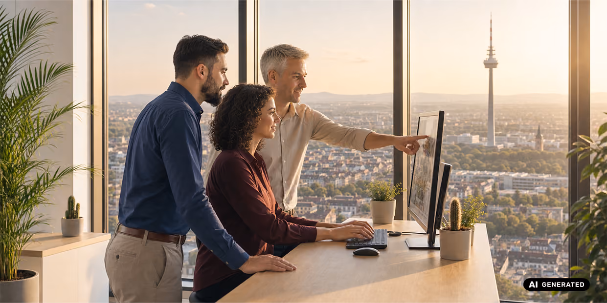 Drei Personen in einem Büro schauen gemeinsam auf einen Computerbildschirm, eine Person zeigt auf den Monitor.