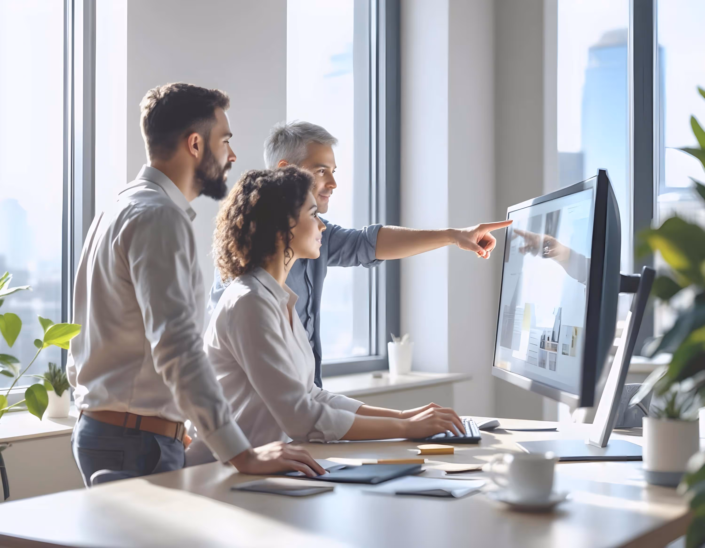 Drei Personen in einem Büro schauen gemeinsam auf einen Computerbildschirm, eine Person zeigt auf den Monitor.