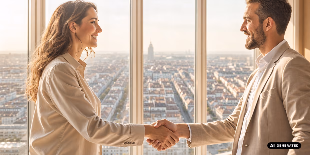 Zwei Personen in Businesskleidung geben sich in einem Büro die Hand.
