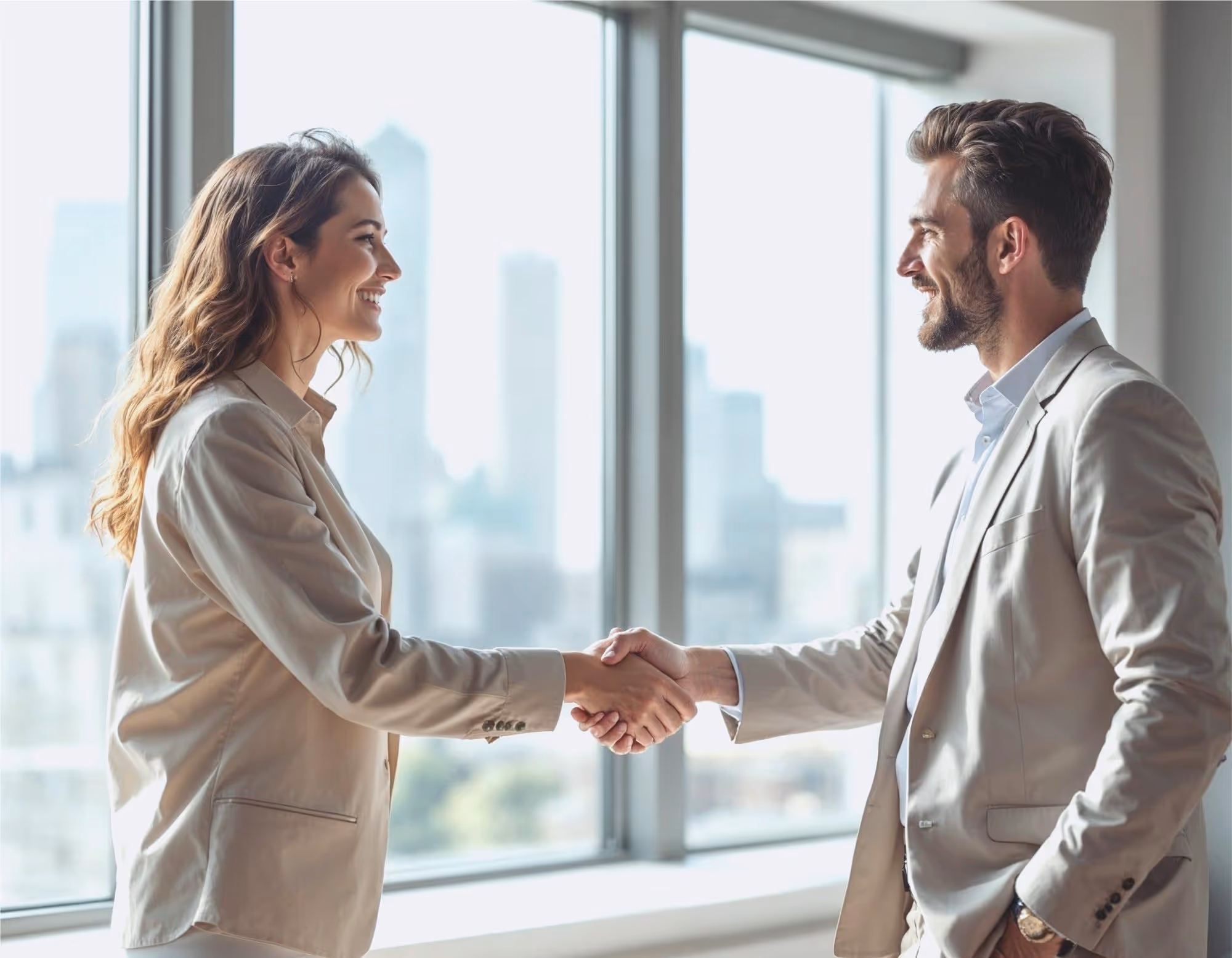 Zwei Personen in Businesskleidung geben sich in einem Büro die Hand.