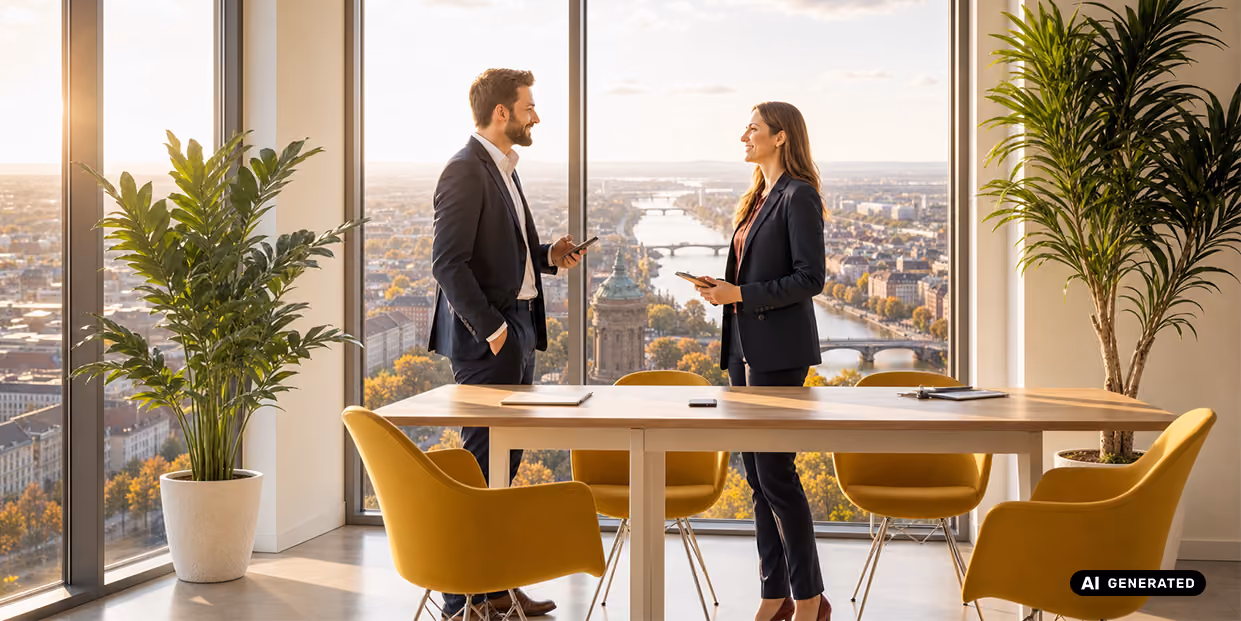 Zwei Personen im Anzug stehen in einem modernen Büro mit großen Fenstern und unterhalten sich an einem Konferenztisch.