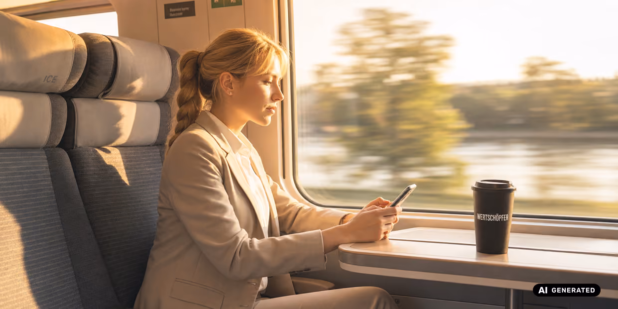Person in Businesskleidung sitzt im Zug am Fenster und schaut auf ihr Smartphone.