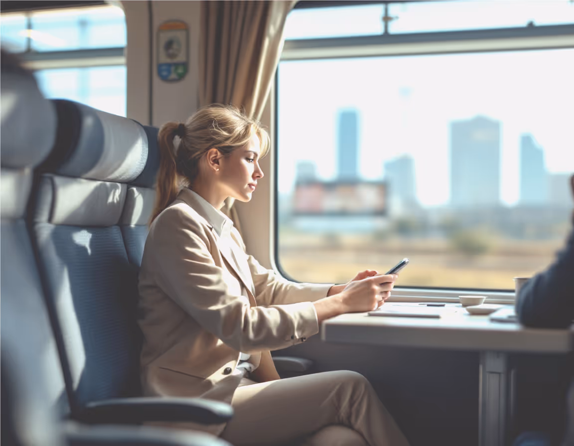 Person in Businesskleidung sitzt im Zug am Fenster und schaut auf ihr Smartphone.