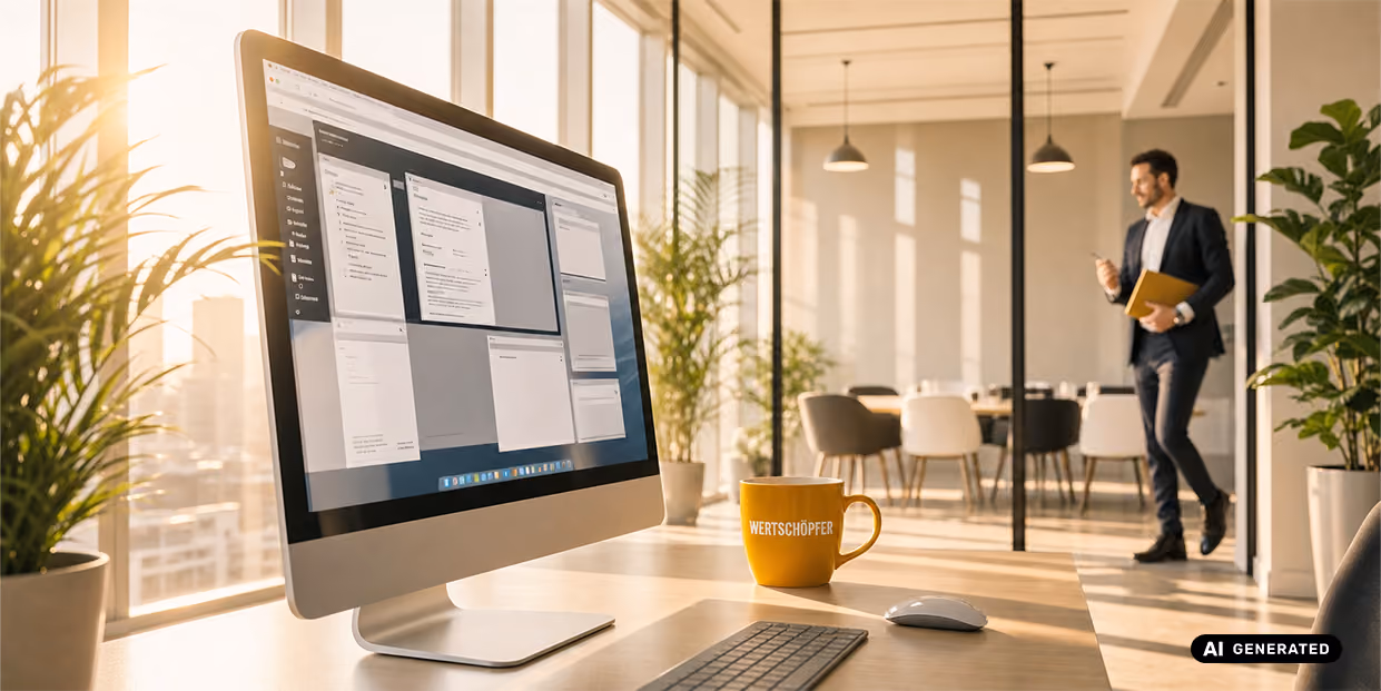 Schreibtisch mit Computer in einem modernen Büro, im Hintergrund geht eine Person mit Unterlagen.