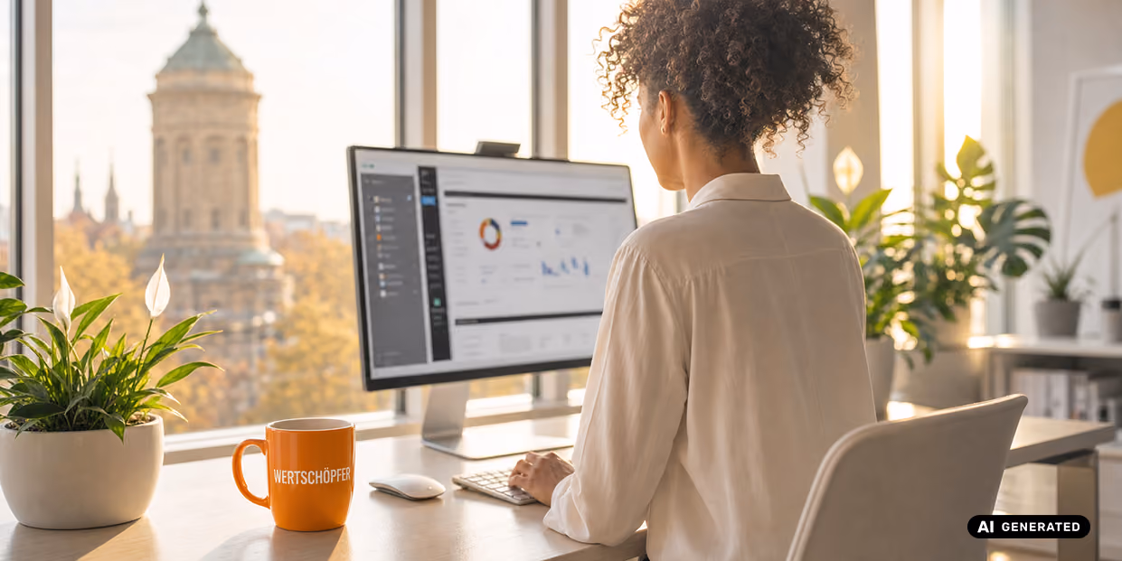 Person sitzt an einem Schreibtisch und arbeitet am Computer, auf dem Diagramme und Daten angezeigt werden.