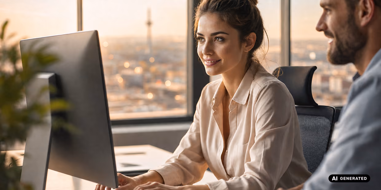 Zwei Personen in einem Büro sitzen vor einem Computer und arbeiten gemeinsam.
