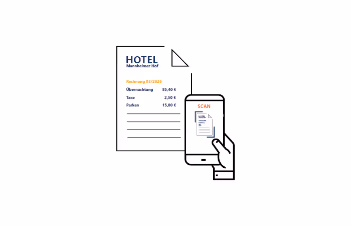 Hand hält Smartphone, das eine Hotelrechnung scannt mit Angaben zu Übernachtung, Taxe und Parken.