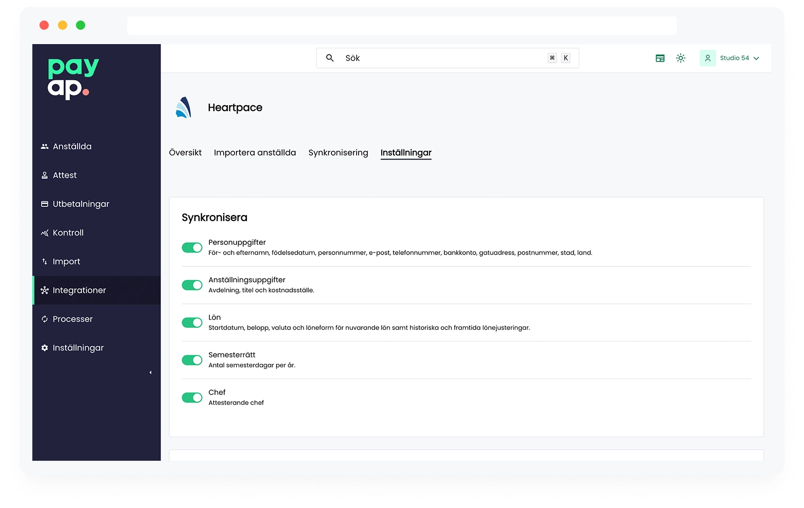 Heartpace integration välj inställningar som ska synkroniseras till Payap
