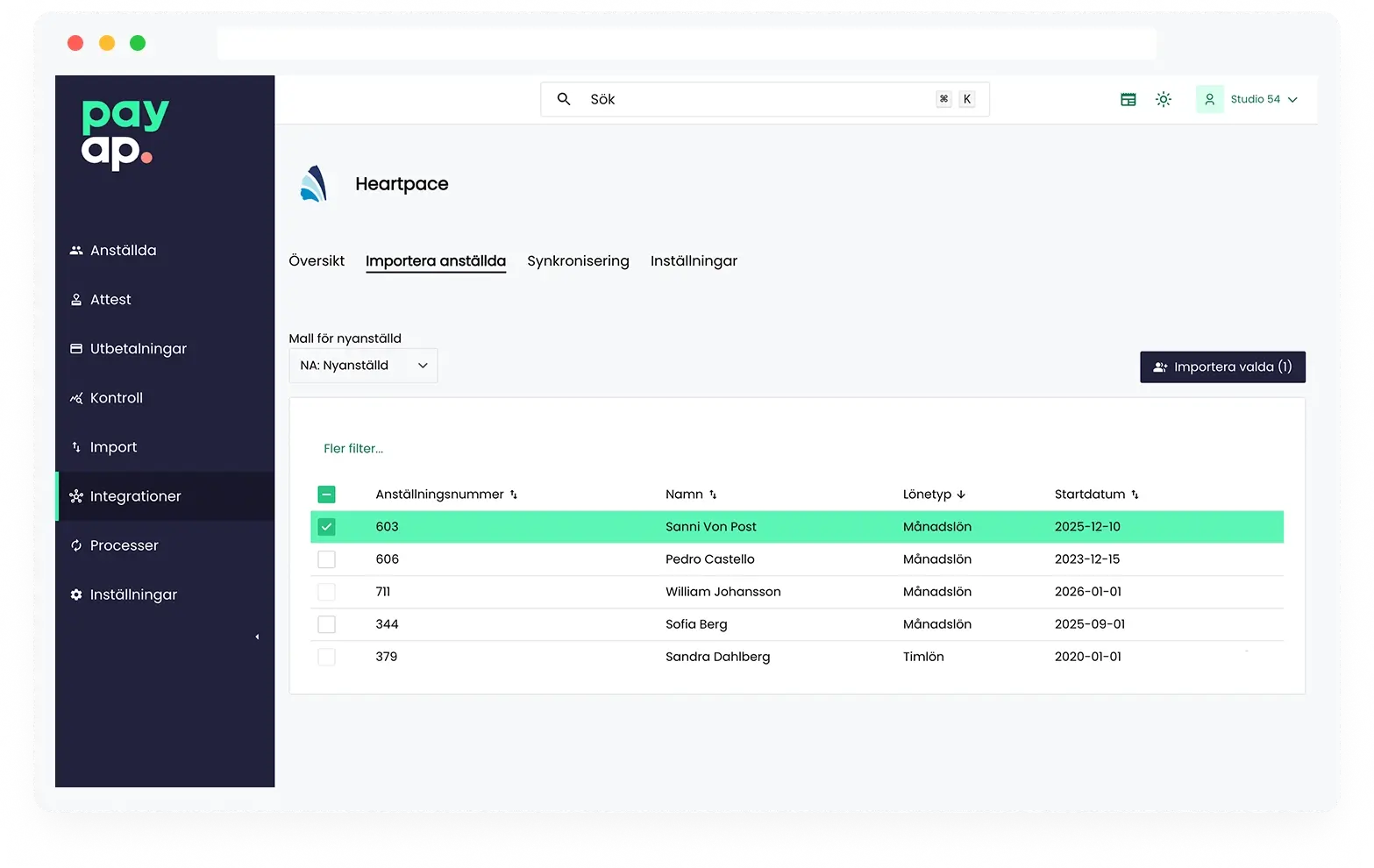 Heartpace integration importera anställda till Payap