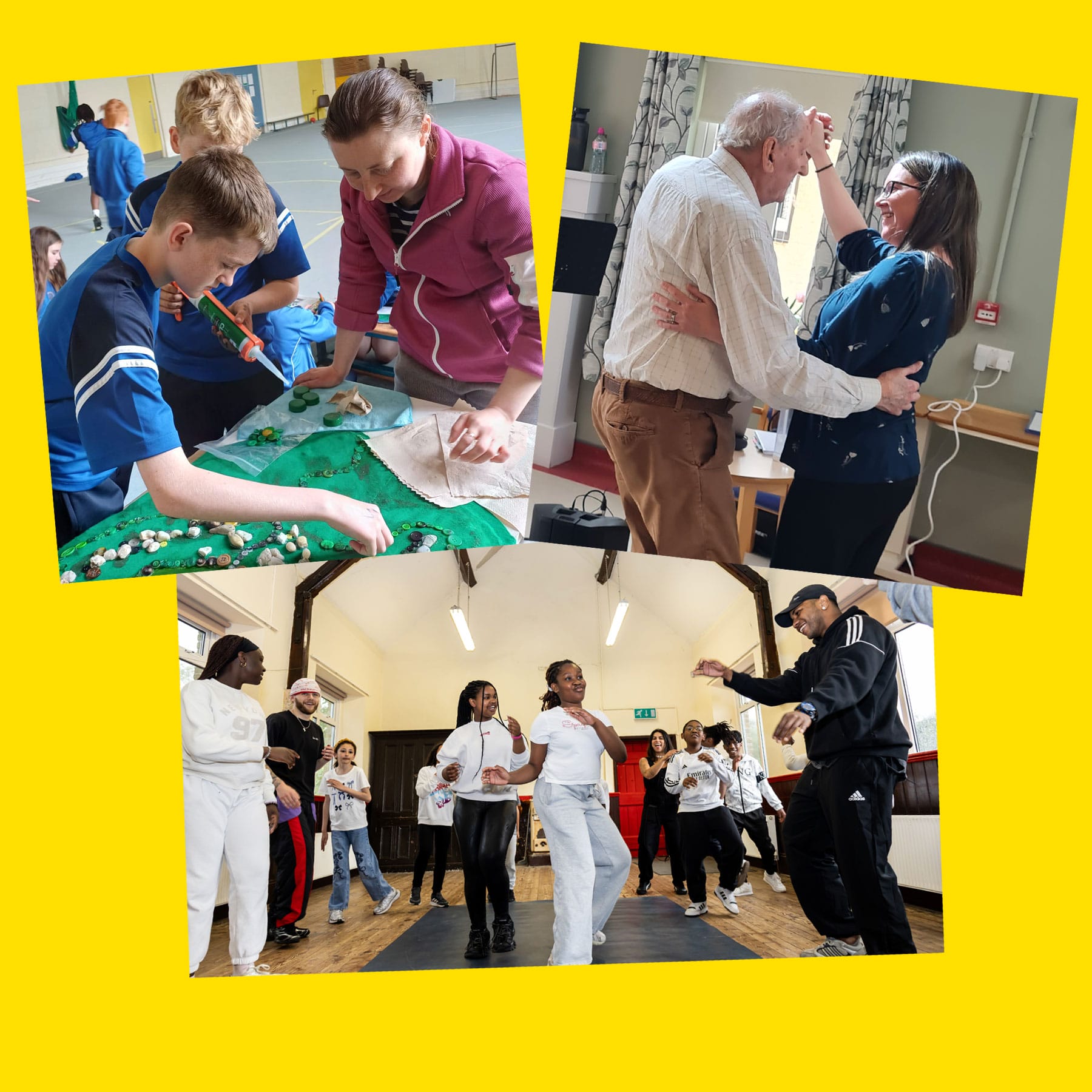 Photos from the 3 2026 residencies - visual art in school, music and dance in nursing home, hip hop dance