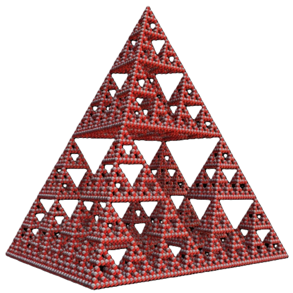Three-dimensional red fractal pyramid structure composed of smaller repeating pyramids against a black background.