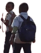 Two boys walking, one smiling and holding a stick, the other carrying a backpack.