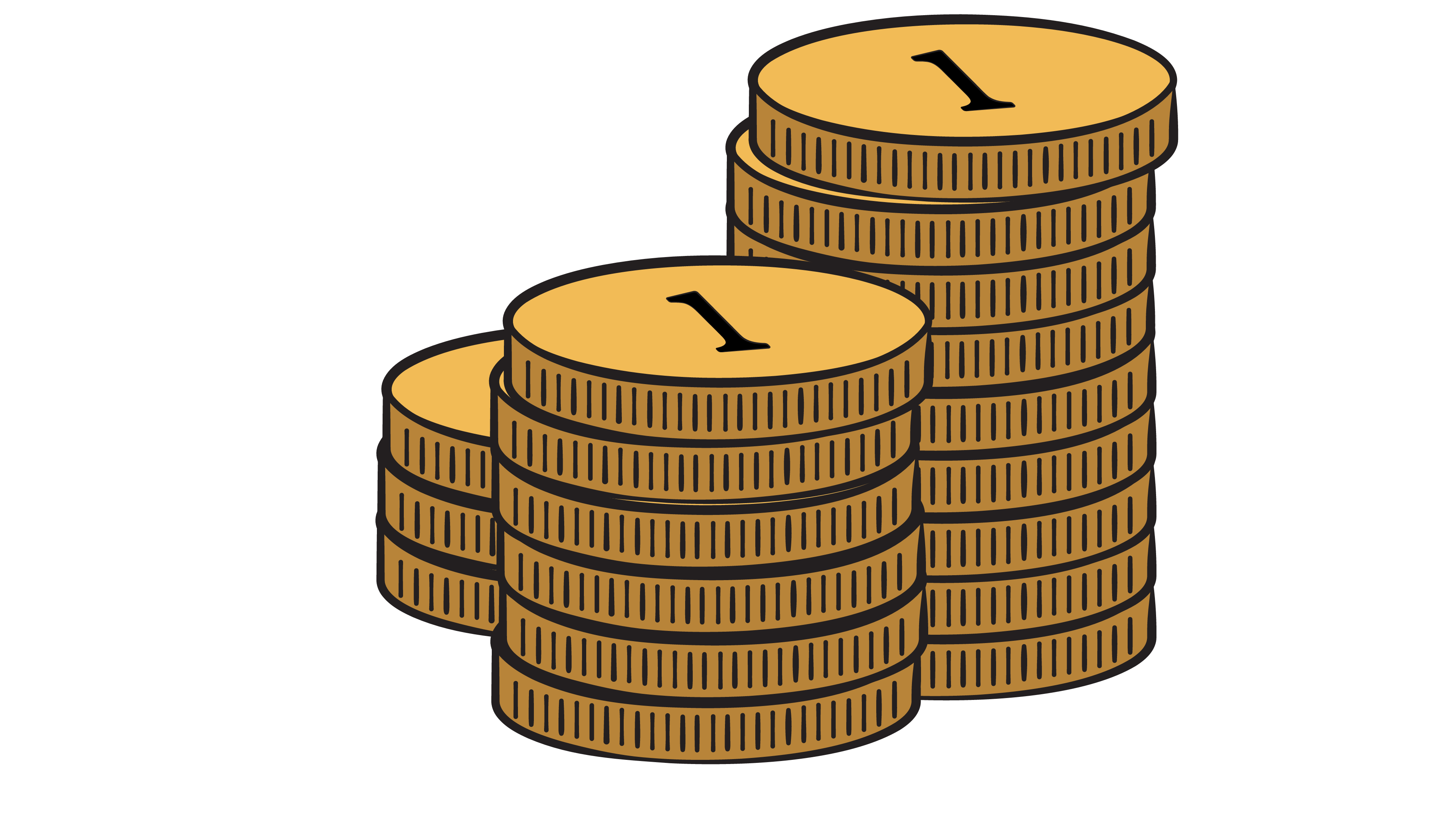 Illustration of three stacks of gold coins with the number one on top.