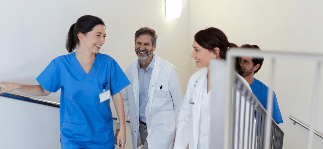 Medical workers walking up the stairs