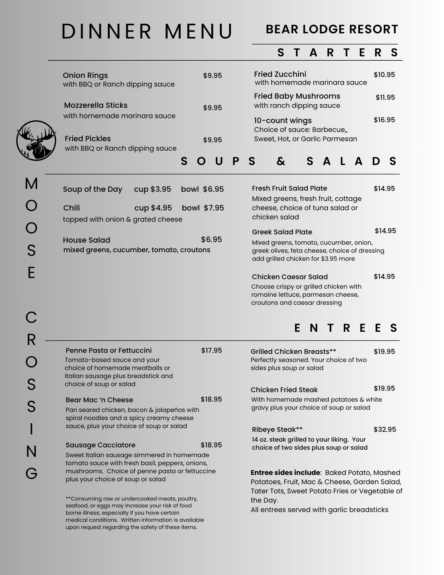 A dinner menu for a restaurant