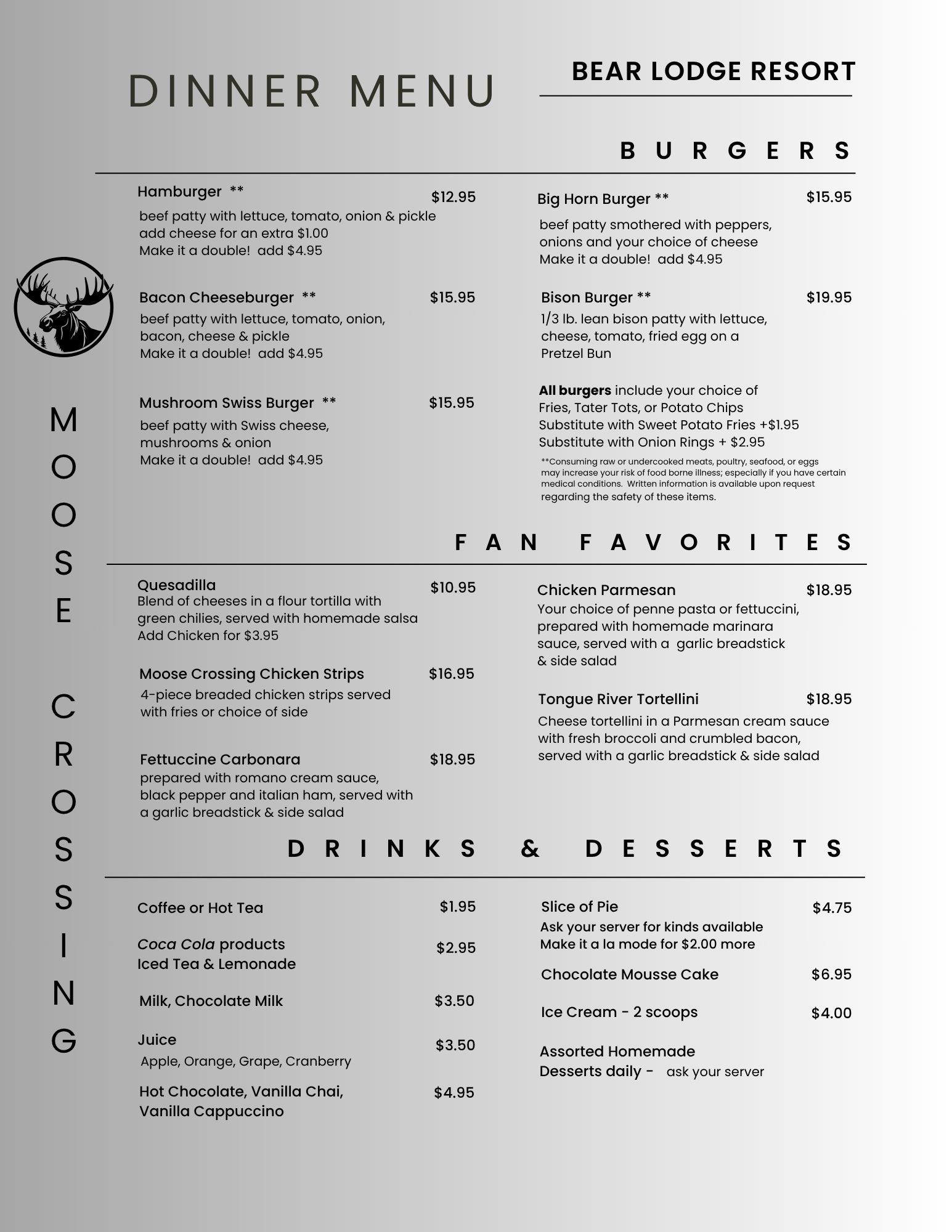 A dinner menu for a restaurant
