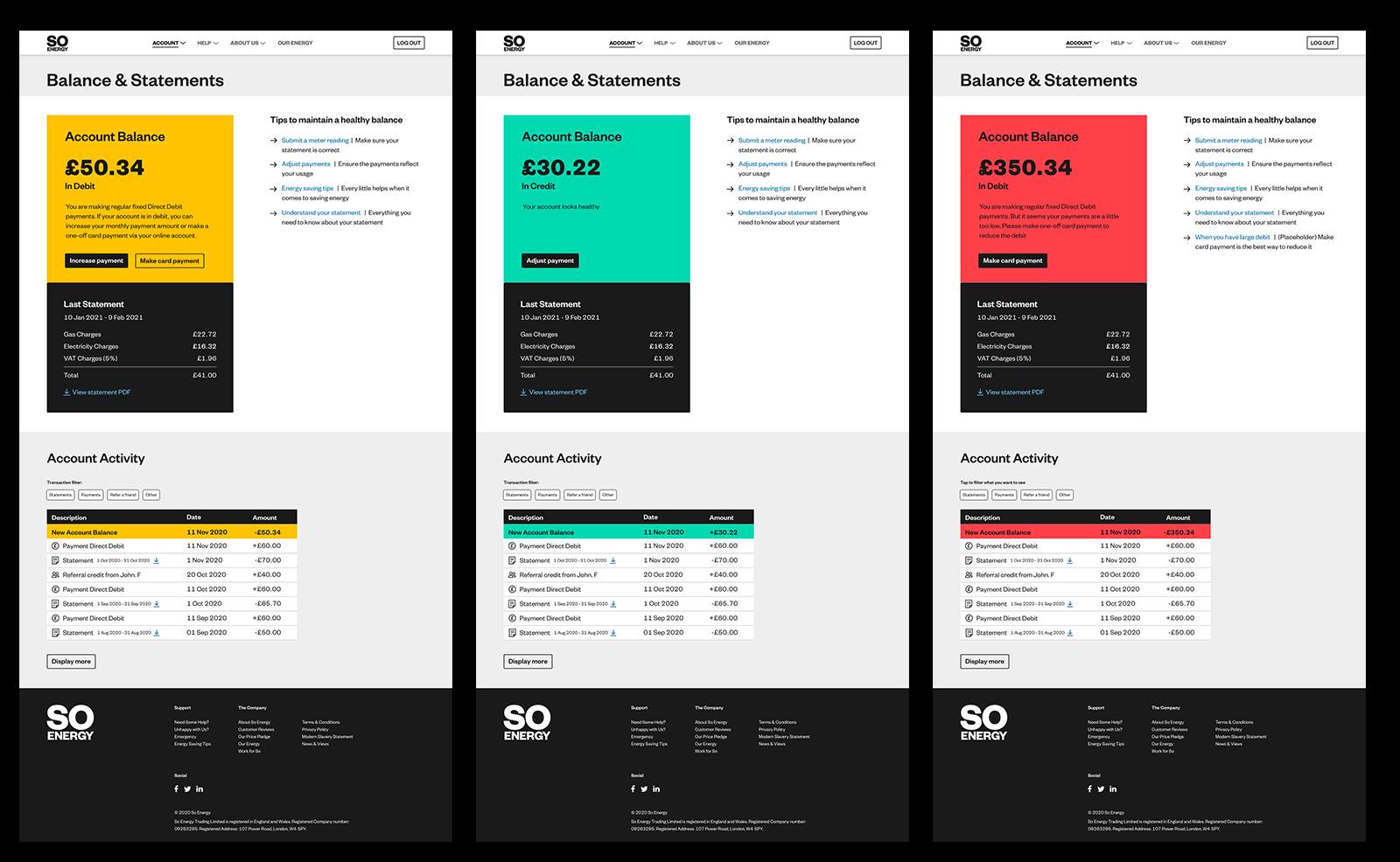 Balance and statements screen
