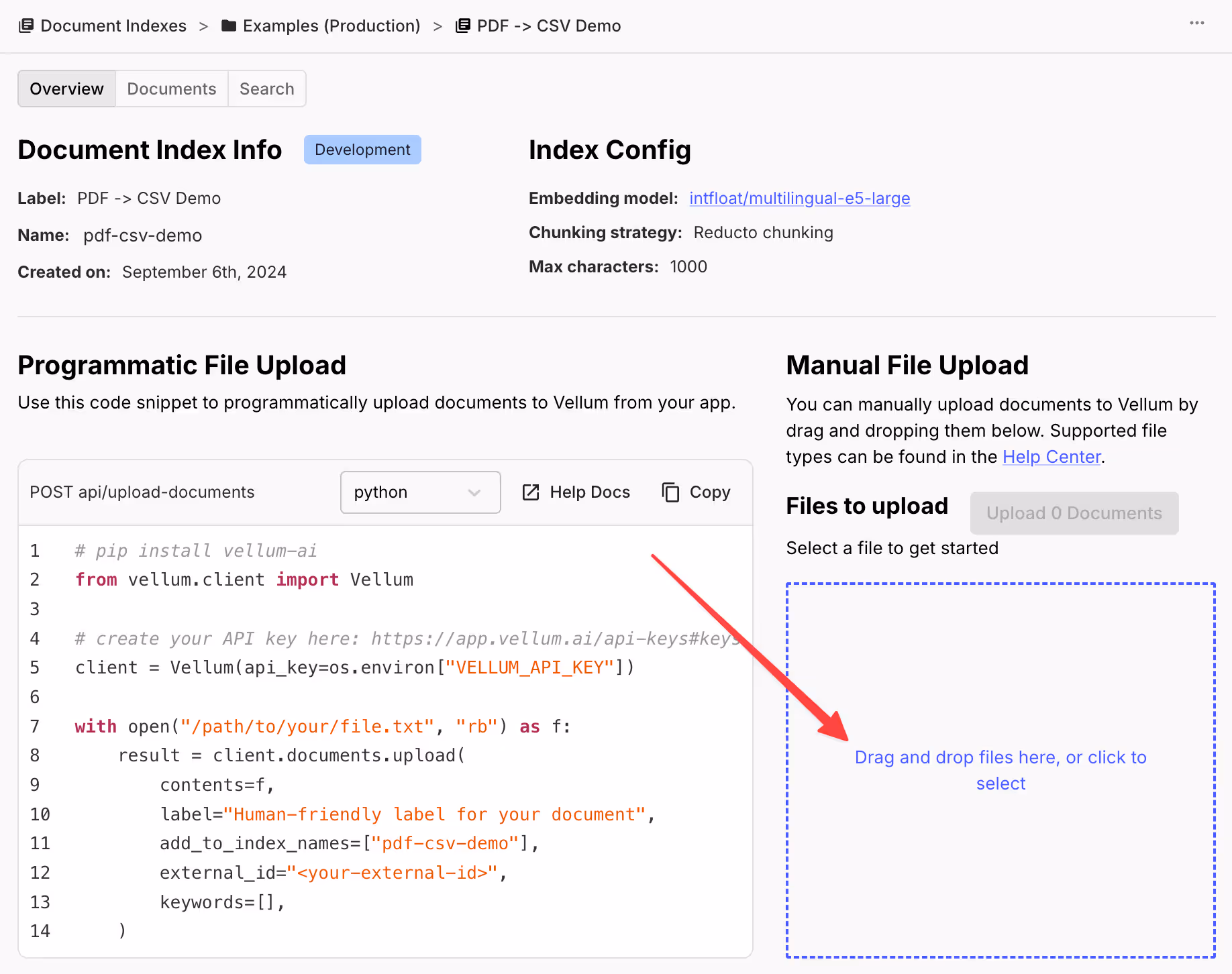 Ingesting the PDFs in Vellum via the Drag and Drop Functionality