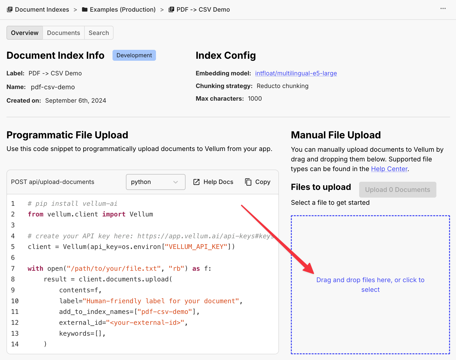 Ingesting the PDFs in Vellum via the Drag and Drop Functionality