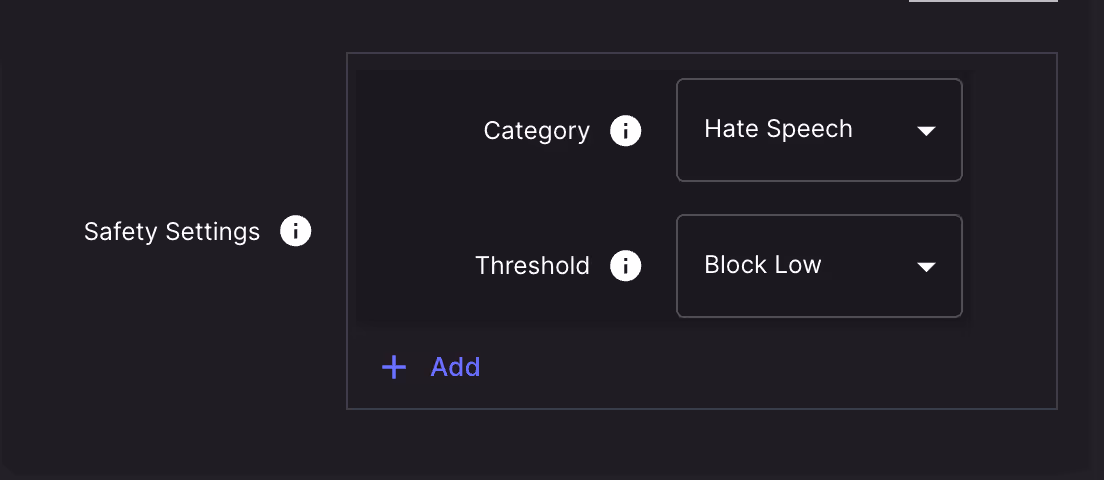 Preview of the support options for Google Gemini Safety Settings